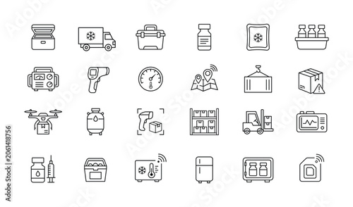 medical logistics and cold chain line icon bundle for vaccine distribution pharmaceutical transportation healthcare supply management and temperature controlled delivery systems