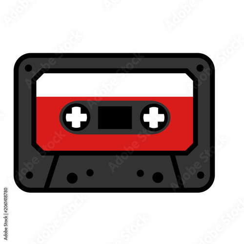 Vintage cassette tape black icon isolated on white background with red and white design