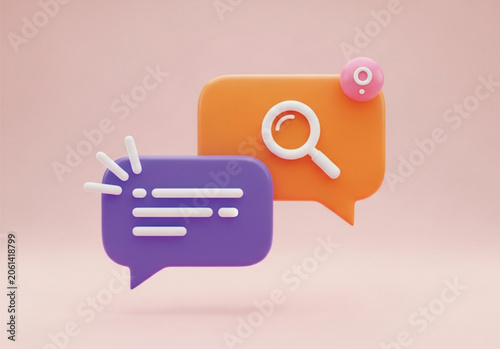 Abstract chat bubbles with search icon and notification bubble, communication and messaging concept, online conversation and discussion symbol.