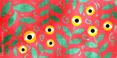 Photography surreal red garden scene featuring many stylized yellow eyes