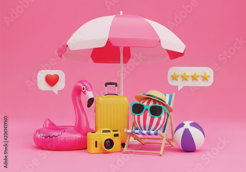 Summer vacation concept with flamingo float, suitcase, beach ball, hat, sunglasses and camera under umbrella, happy holiday scene.