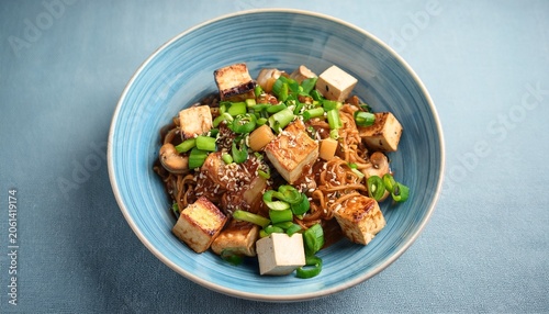 a delicious and healthy tofu dish with toppings in a light blue bowl