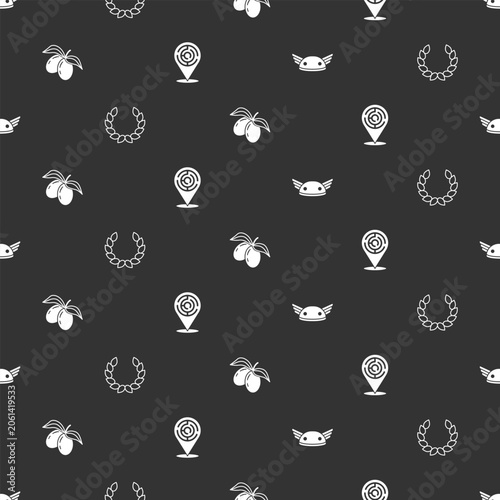Set Helmet with wings, Laurel wreath, Olives branch and Minotaur labyrinth on seamless pattern. Vector