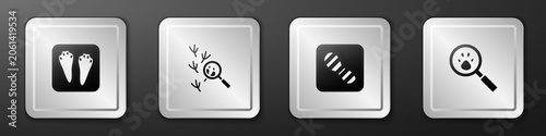 Set Rabbit and hare paw footprint, Bird, Human footprints shoes and Paw search icon. Silver square button. Vector
