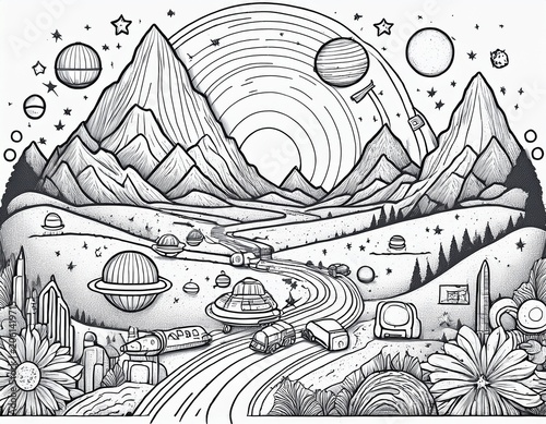 space journey field trip space adventure storey a hand drawn black and white outline