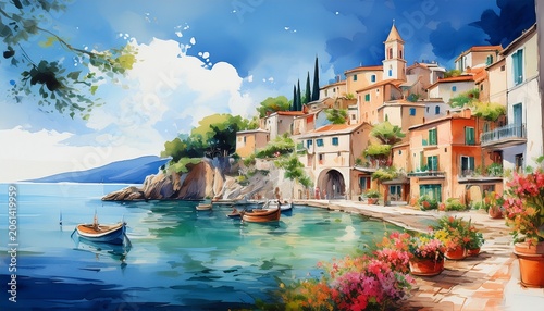 watercolor painting of a charming mediterranean village by the sea
