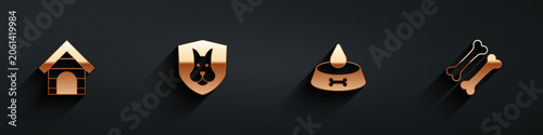 Set Dog house, Animal health insurance, Pet food bowl for cat or dog and bone icon with long shadow. Vector