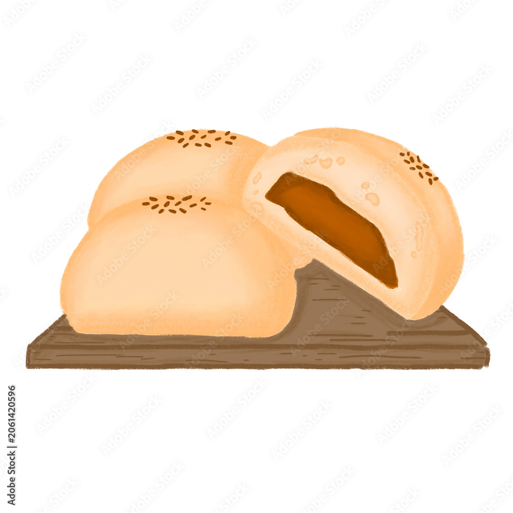 Fototapeta premium Hand Drawn Illustration of Japanese Red Bean Buns with Sesame Seeds on Wooden Board