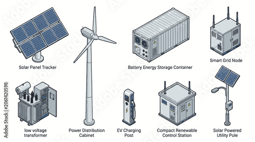 Collection of renewable energy and smart grid components, including solar panels, wind turbine, EV charger, and storage.