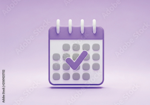Purple calendar icon with checkmark symbol isolated on soft pastel background concept for scheduling appointments event management planning time productivity.