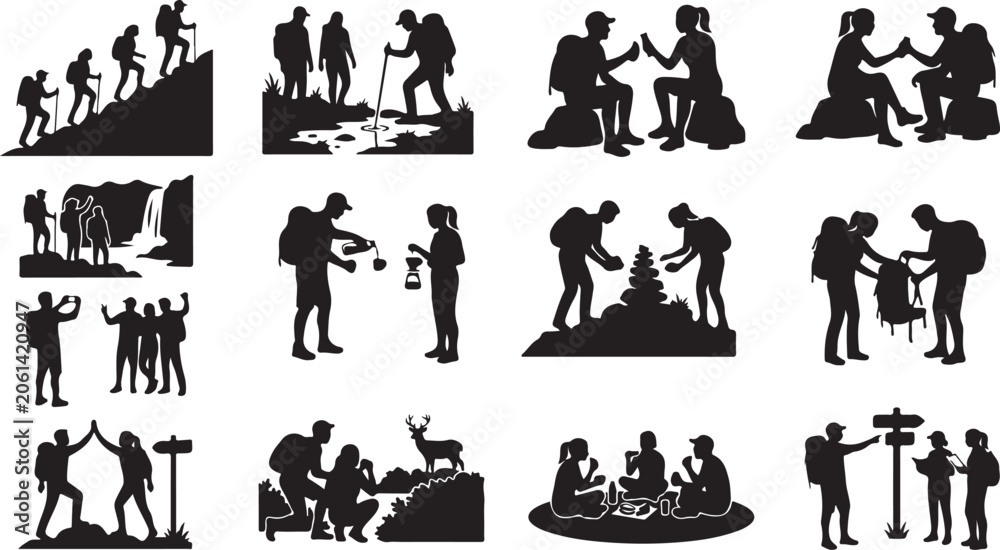 Obraz premium Diverse group of hikers and campers in silhouette, showcasing various outdoor activities and poses isolated on white background, Vector