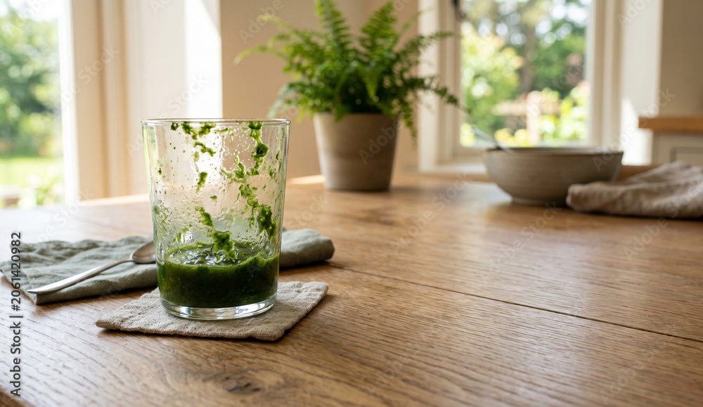 Fototapeta premium A glass with a bit of vegetable juice residue, placed on the left side. The right side of the table is clear. Natural light, healthy mood.