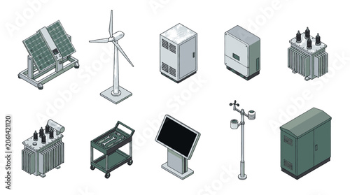 Collection of isometric icons representing renewable energy and electrical equipment for sustainable power generation and distribution.
