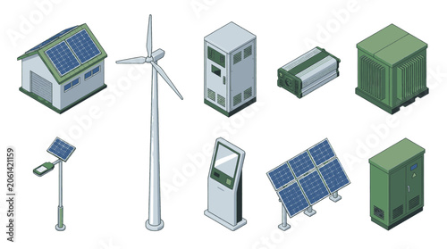 Collection of isometric icons representing renewable energy and electrical equipment.