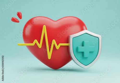 Red heart shape with yellow ecg heartbeat line and turquoise medical shield icon isolated on light blue background 3d render healthcare concept symbol.