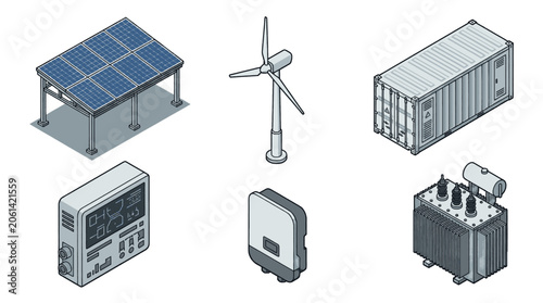 Set of isometric icons representing renewable energy and power generation equipment.