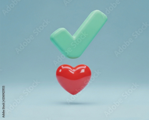 Vibrant 3D rendering of a green checkmark floating above a glossy red heart on a soothing light blue background, symbolizing approval and love.
