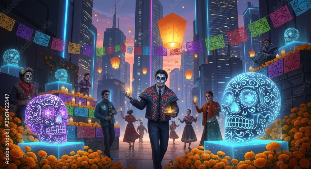 Obraz premium Futuristic Day of the Dead festival in neon city.