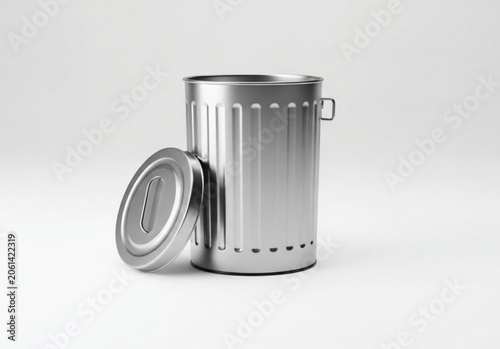 Minimalist 3D rendering of a shiny silver garbage can with its lid propped beside it, isolated on a clean white background.