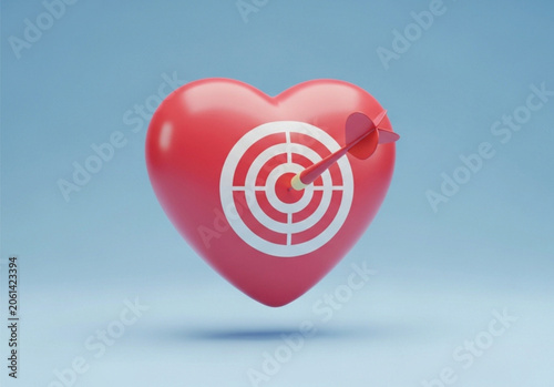 Red heart with target and dart hitting bullseye on blue background symbolizing love goals achievement and passion success concept.