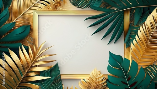 creative nature background gold and green tropical palm leaves minimal summer abstract jungle or forest pattern white paper frame copy space