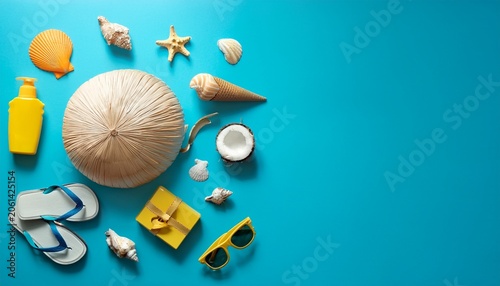 trendy sunlight summer pattern made with various summer things on bright light blue background minimal summer vacation concept