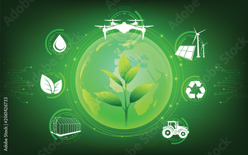 Smart agriculture and sustainable farming technology concept with drone, renewable energy, recycling, water management, and precision farming on a green global ecosystem.