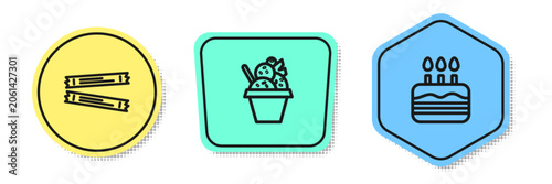 Set line Sugar stick packets, Ice cream in bowl and Cake with burning candles. Colored shapes. Vector
