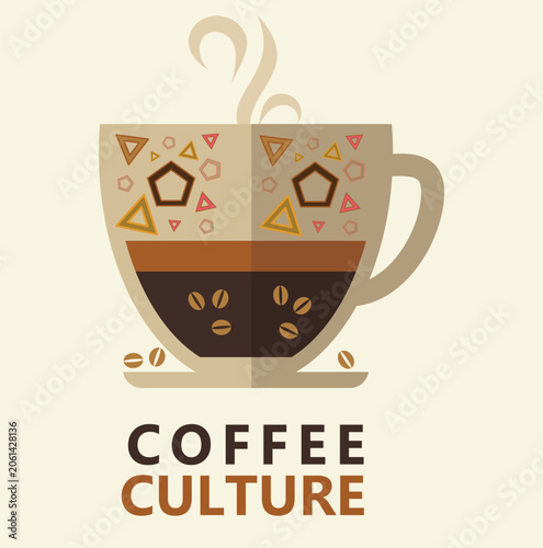 Coffee Culture Illustration. Minimalist coffee cup illustration featuring decorative geometric patterns, coffee beans, and rising steam in a modern flat design style.