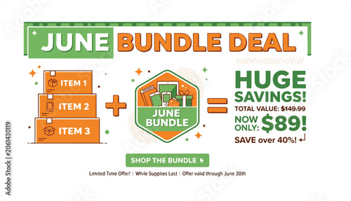 Colorful June bundle deal advertisement with savings and discounts.