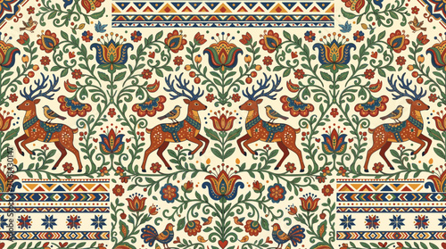 Vintage Persian Floral Geometric Seamless Carpet Pattern with Antique Oriental Ornament for Textile Wallpaper and Decorative Design