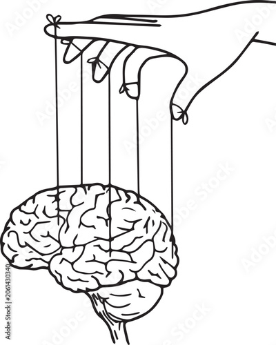 Hand Controlling Brain Logo Vector, Mind Control Concept Emblem Design Isolated Shape 
