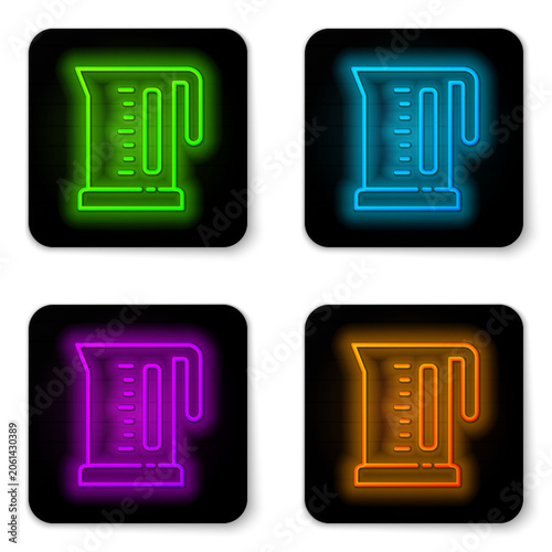 Glowing neon line Electric kettle icon isolated on white background. Teapot icon. Black square button. Vector