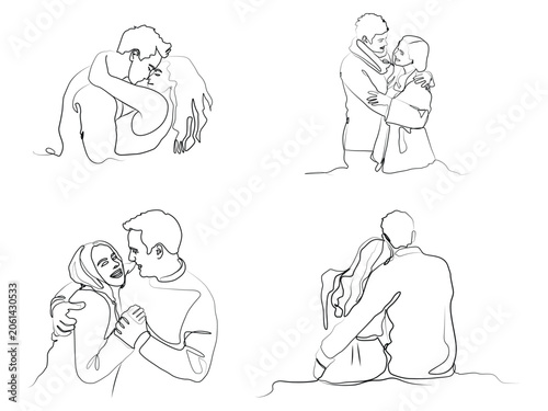 Romantic Couple One-Line Art Vector Set. Minimalist Love Line Drawing Collection