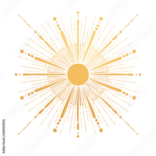 Golden sunburst graphic with radiating lines and dots