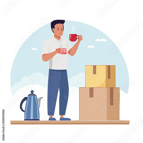 Man drinking coffee next to boxes and kettle
