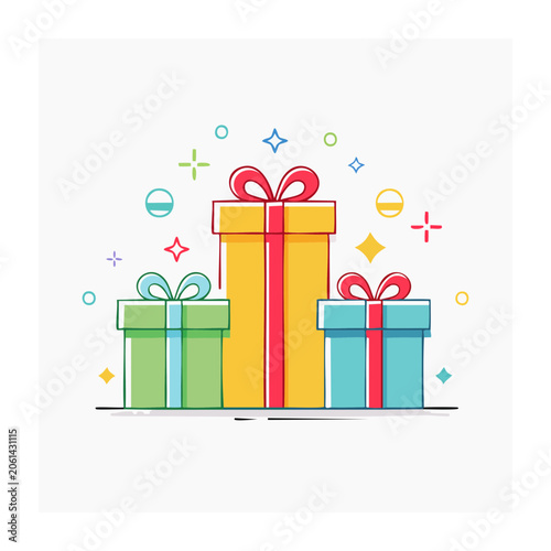 Three colorful gift boxes with ribbons and festive decorations