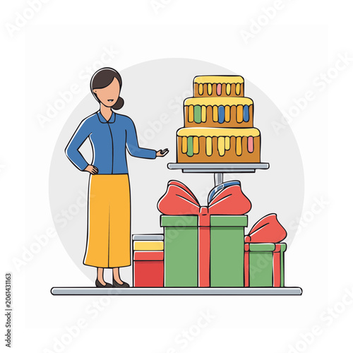 Woman presenting a tiered cake and gift boxes