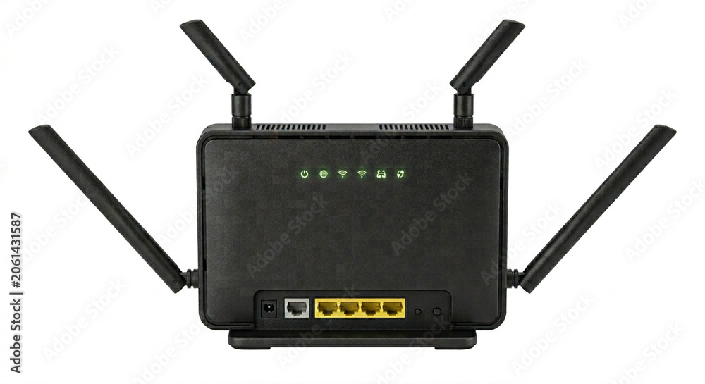 Fototapeta premium Black Wireless Router with Multiple Antennas for Home Network Connectivity.
