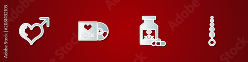 Obraz na plátne Set Male gender and heart, Disc with inscription Sex, Bottle pills for potency and Anal beads icon