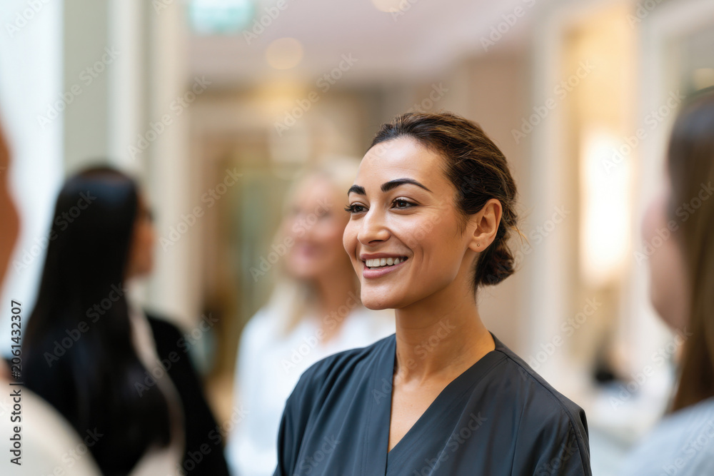 Obraz premium A smiling female healthcare professional engages in conversation with colleagues in a bright office, exemplifying teamwork and a positive work environment in the medical field.