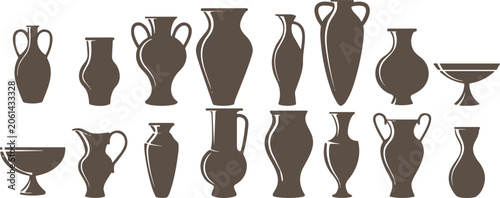 Photos Collection of antique pottery vases and clay jars, ancient ceramic vessel silhouettes isolated on white, image_fa1e43