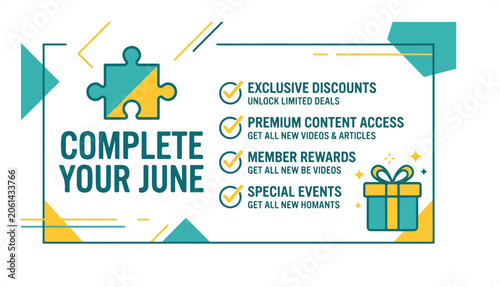 Colorful June Calendar Design with Puzzle and Gift Box Graphics.