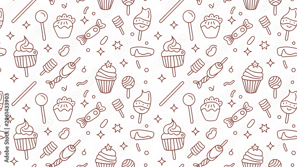 Seamless pattern with cupcakes lollipops and other sweet candy desserts background.