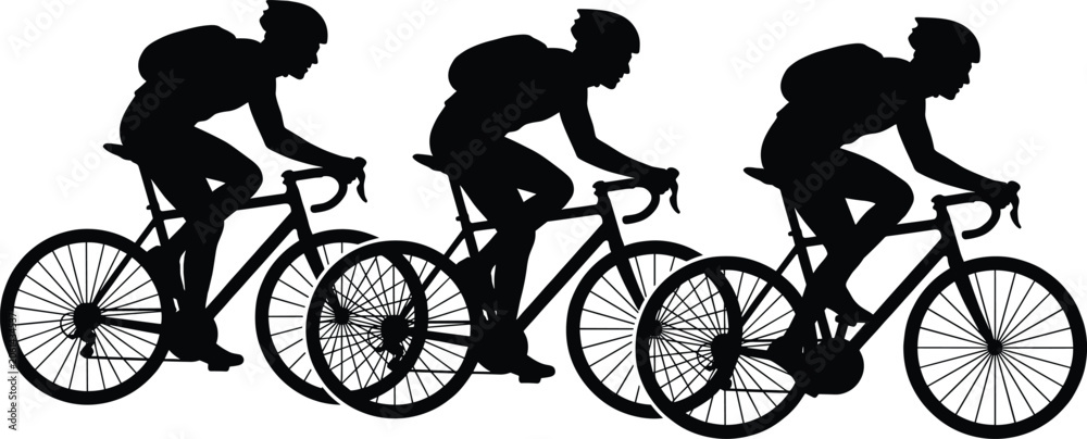 Fototapeta premium Silhouette of group of cyclists riding road bikes in a row, racing together isolated on white backdrop