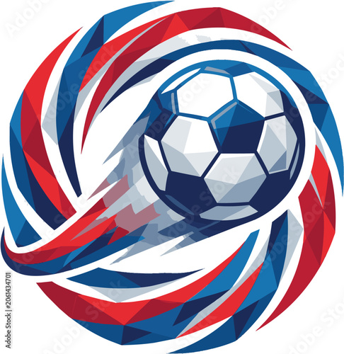 Vibrant illustration of a soccer ball surrounded by swirling red, white, and blue lines, celebrating Worldcup with dynamic motion and energy.