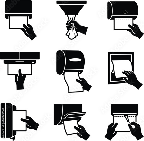 Various hygiene hands using paper towels from dispensers and rolls for cleaning and drying demonstration vector illustration.
