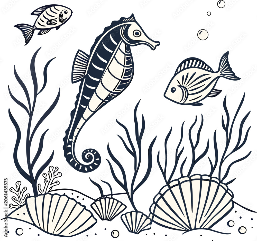 Fototapeta premium Underwater scene, sea creatures, seahorse, fish, ocean plants, vector illustration