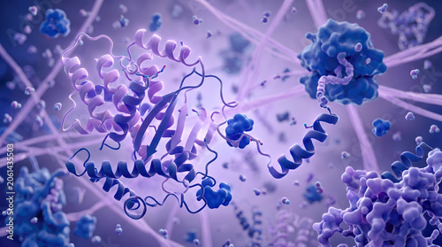 Abstract microscopic molecular biology background showing complex blue purple protein structure scientific research biotechnology chemistry concept detailed organic cellular environment