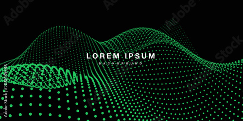 Abstract Futuristic Dark Green Background With Flowing Dotted Particle Wave Representing Digital Data And Cyber Technology Concept Graphic Vector Illustration